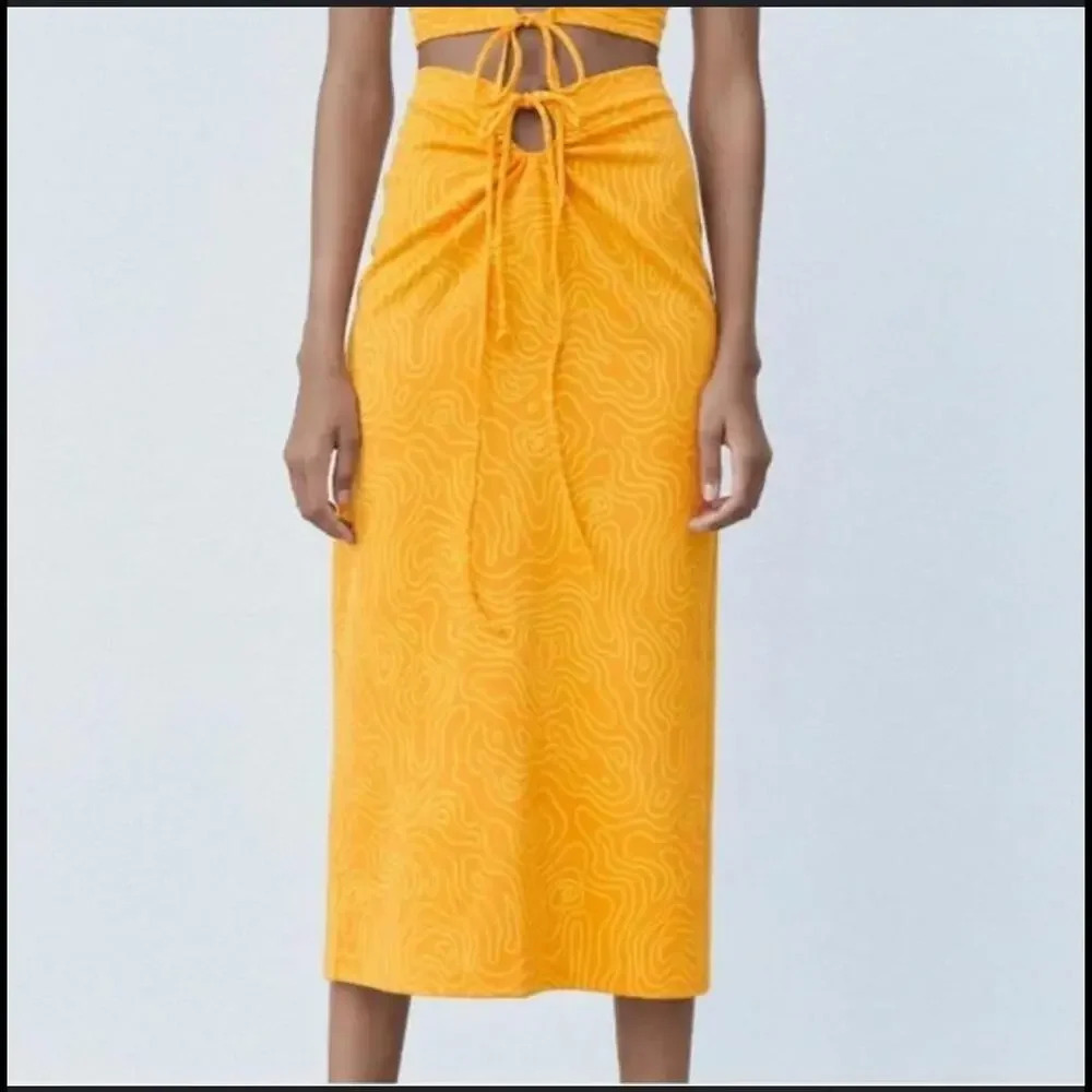 Zara Orange Abstract Printed Cutout Waist Tie Midi Skirt NWOT Size XS